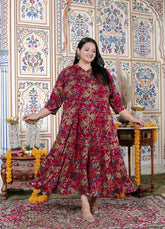 Plus Size Maroon Cotton Blend Golden Print Aline Kurta-410075